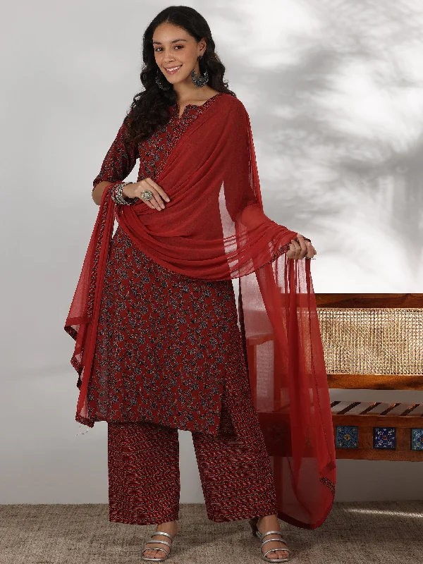 Rust Printed Cotton Straight Suit With Dupatta