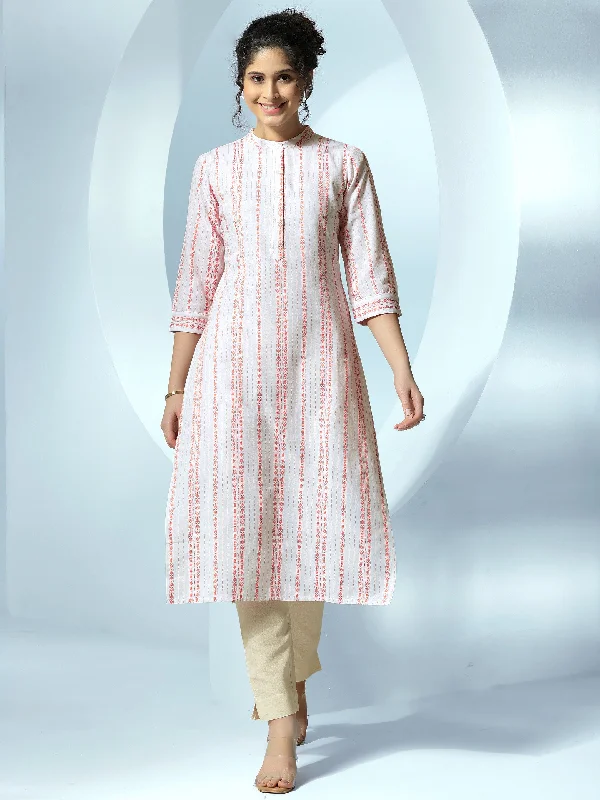 White Woven Design Cotton Straight Kurta