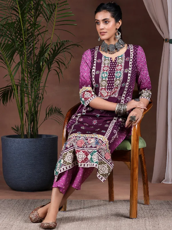 Wine Printed Poly Crepe Straight Suit With Dupatta