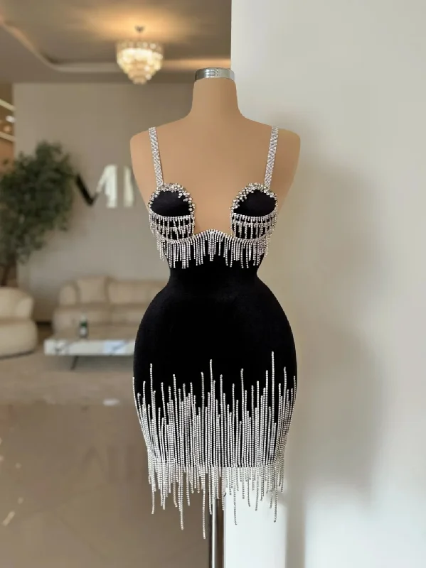 Black Velvet Evening Dress Party Birthday Crystals Tassel Bride Robe Mini Sheath Bridal Dresses Vestidos De Novia