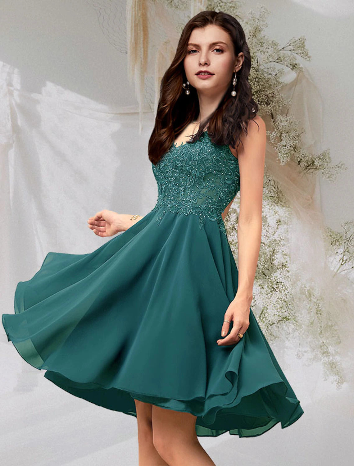 A-Line Cocktail Dresses Flirty Dress Homecoming Graduation Short / Mini Sleeveless V Neck Chiffon Backless with Beading Lace Insert