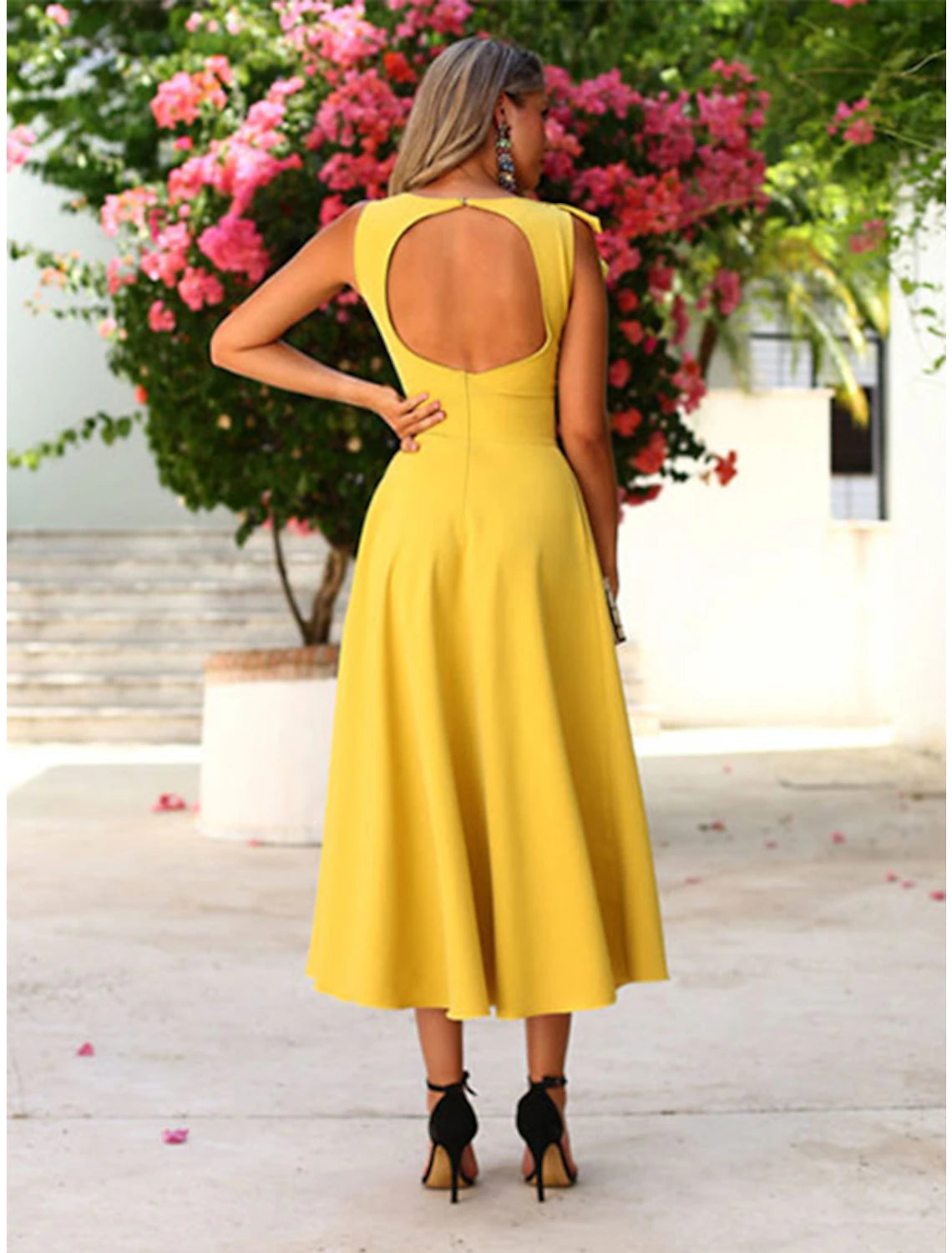 A-Line Cocktail Dresses Minimalist Dress Homecoming Wedding Guest Ankle Length Sleeveless Jewel Neck Fall Wedding Guest Stretch Fabric with Ruffles Pure Color