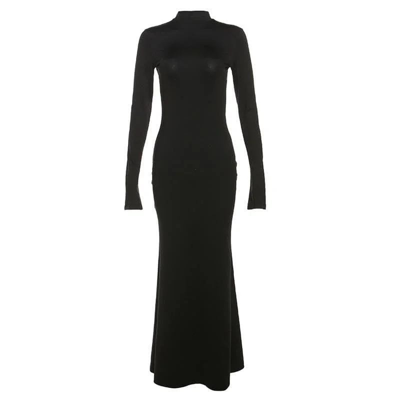 BerryBetty - Backless high neck long sleeve solid maxi dress