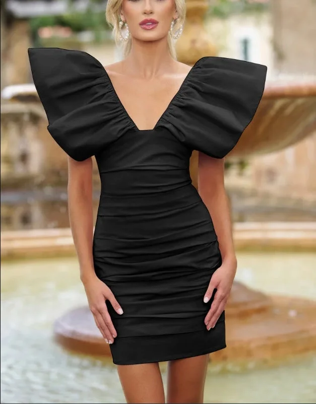 Evening Dress V Neckline Ruched Fabric Big Flying Sleeve Mini Dress Black Formal Dress