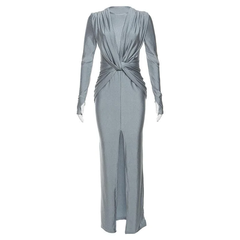 BerryBetty - Knotted slit solid long sleeve ruched maxi dress