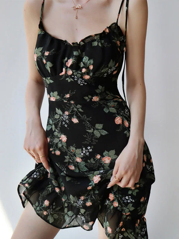 BerryBetty - Lace Up Floral Black Mini Dress