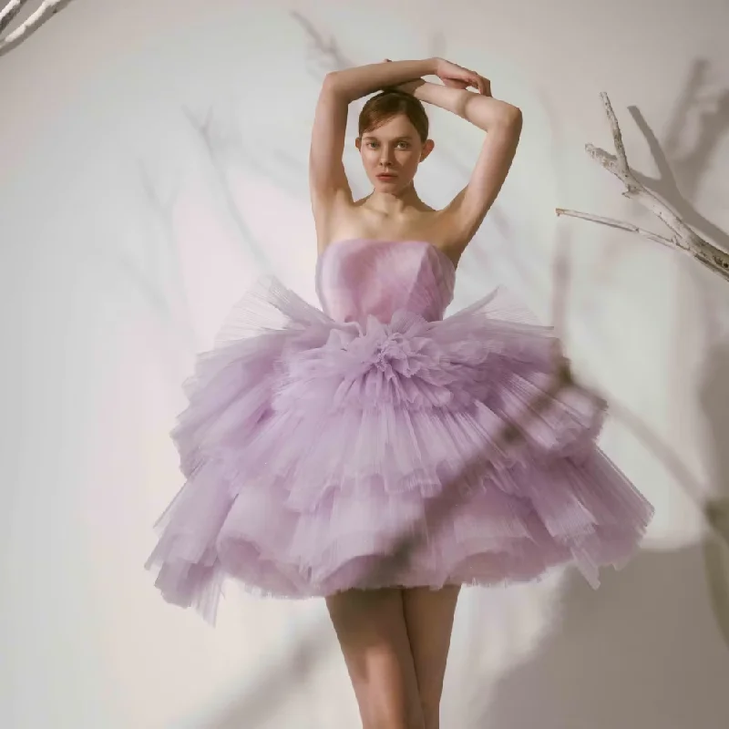 Pretty Lavender Tulle Tiered Layered Short Evening Dresses Party Strapless Puff Mini Female Bridal Gown