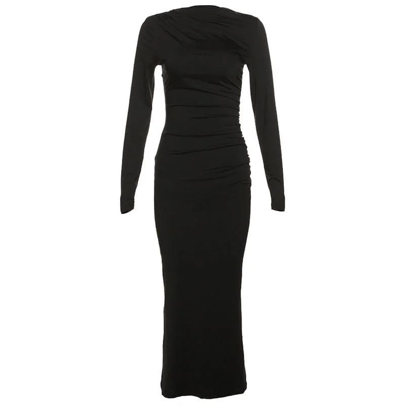 BerryBetty - Ruched solid long sleeve zip-up maxi dress