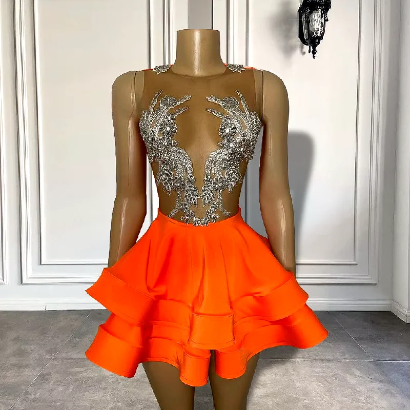 Sexy See Through Women Birthday Party Gowns Sparkly Silver Crystals Orange Black Girls Orange Short Mini Prom Dresses 2024