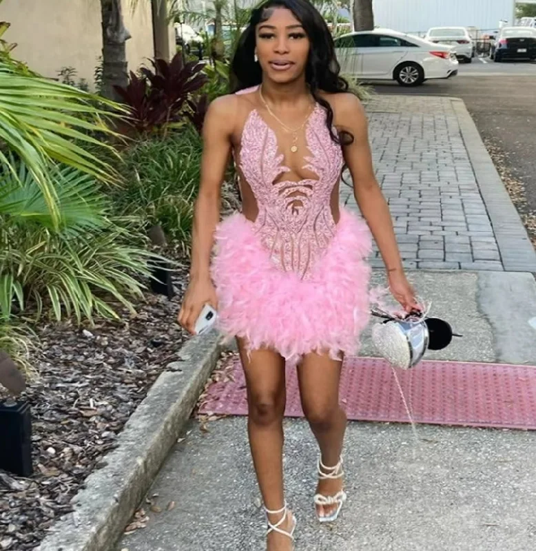 Unique Pink Feather Prom Dress 2024 For Black Girls Elegant Luxury Sheath Mini Short Cocktail Party Wear Birthday Baddie Evening