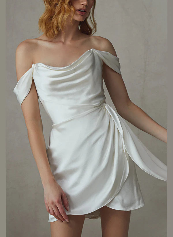 Wedding Dresses Sheath Off-The-Shoulder Short Mini Silk Like Satin