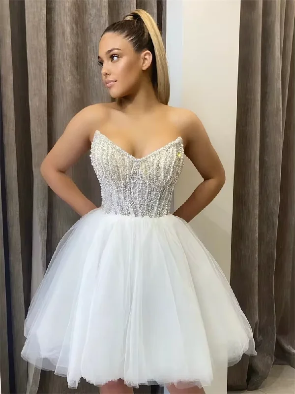 White Ball Gown Prom Dress Sexy Mini/short Sweetheart Pearls Tulle Slim Elegant Women's Cocktail Homecoming Dress