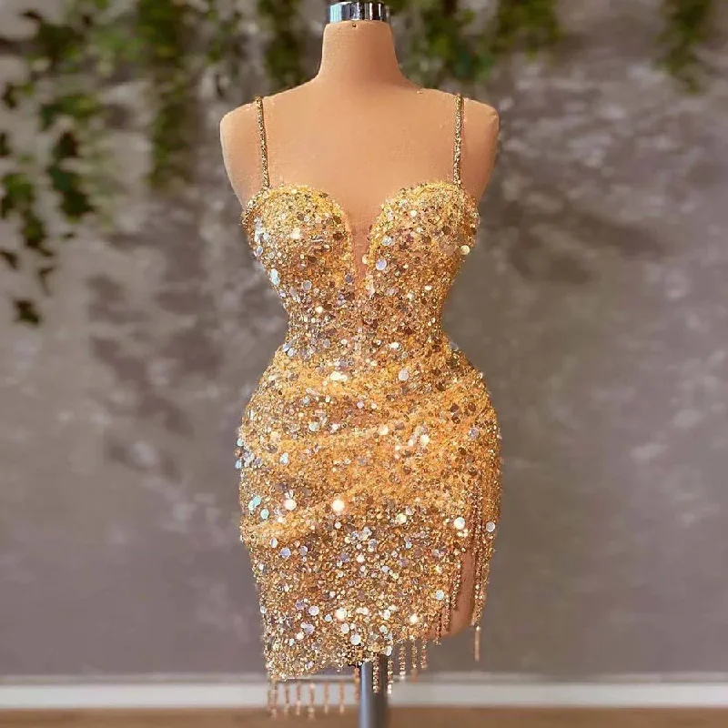 Yellow Cocktail Dresses Spaghetti Strap Bead Mini Evening Formal Gowns Sparkle Tassel Elegant Dress Women For Wedding Party