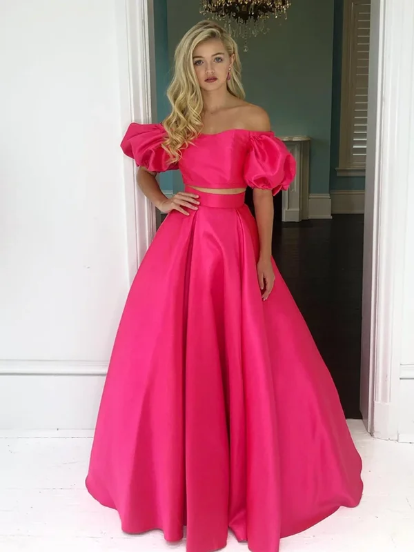 2 Pieces A-line Satin Long Prom Dresses, Off Shoulder 2021 Long Party Prom Dresses