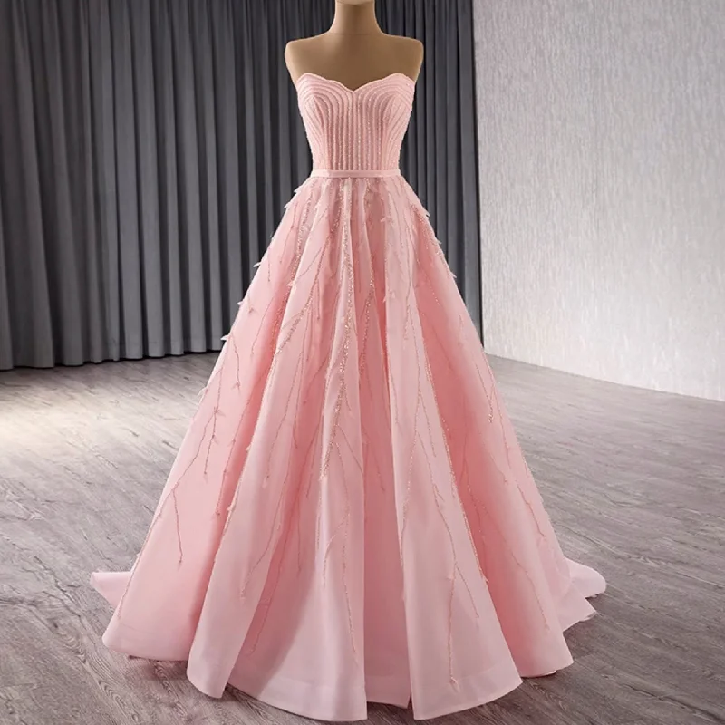 A-Line Floor Length Women Pink Prom Party Gowns Evening Dress