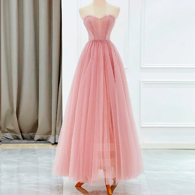 A-line Strapless Tulle Pink Evening Dresses Party Gowns