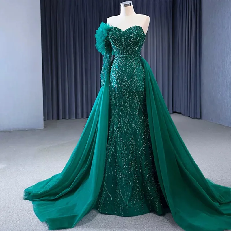 Beaded Green Mermaid Evening Dress Removable Overskirt One Shoulder Formal Dress