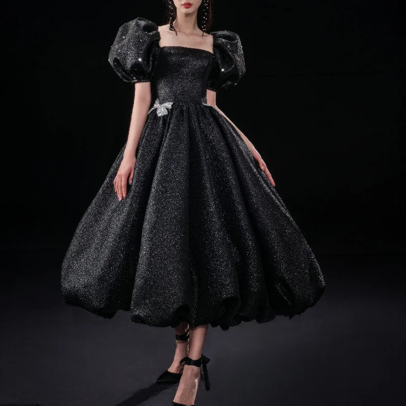 Black Cocktail Dress Calf Length Party Gown with Puffy Short Sleeve