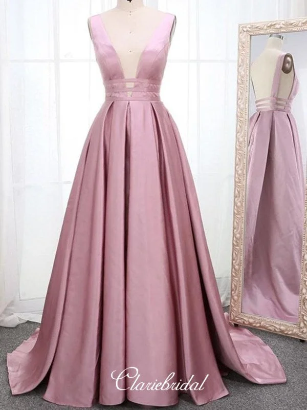 Deep V-neck Long A-line Prom Dresses, School Graduation Party Prom Dresses 2020