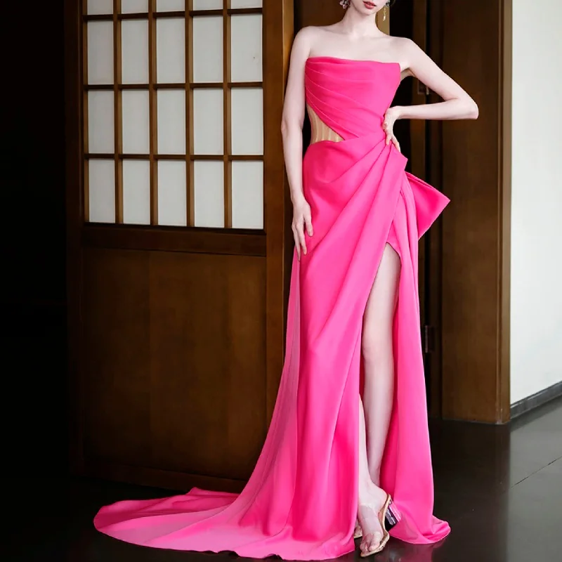 Elegant Strapless Evening Dress Party Gown with Leg Slit