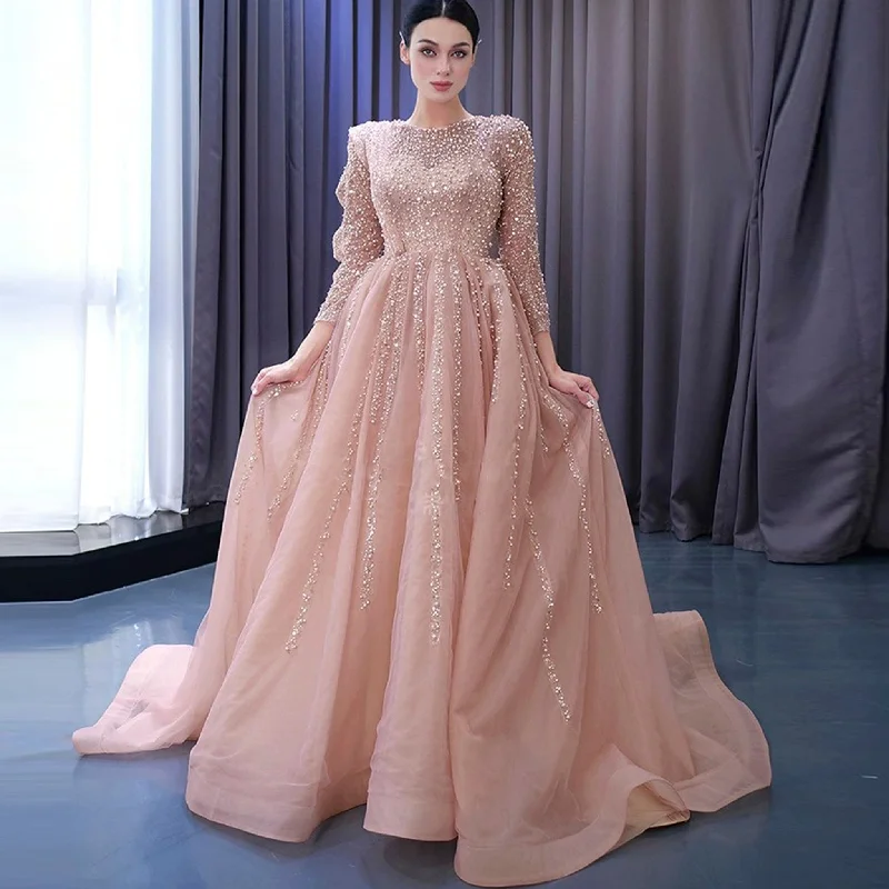 High-end Long Sleeve Ball Gowns Evening Pageant Dress with Pearl Beaded