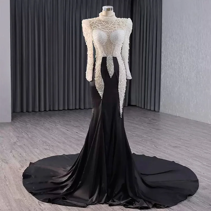 High Neck Two Tone White Black Mermaid Beading Pearl Evening Dresses