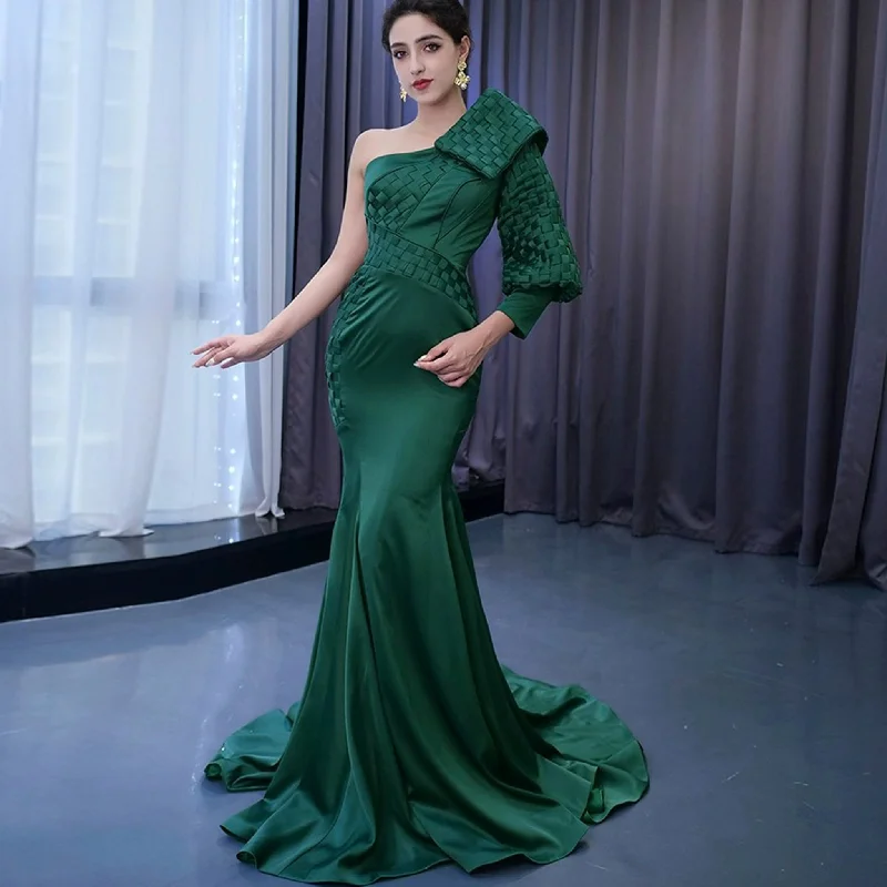 Hunter Green Mermaid Satin Formal Dress One Shoulder Prom Party Gown