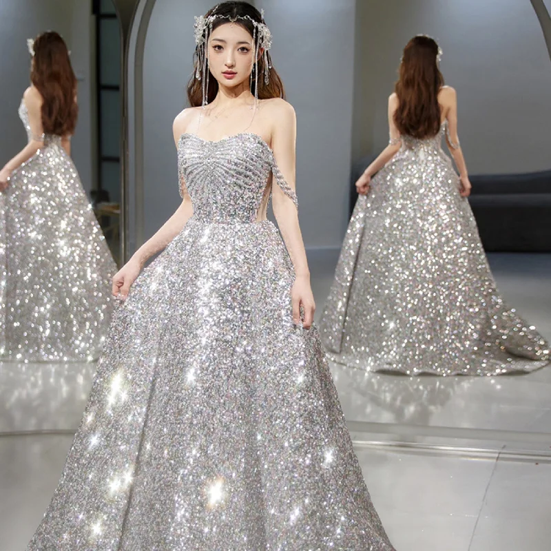 Multi Silver Sparky Sequins Off Shoulder Formal Evening Prom Dress