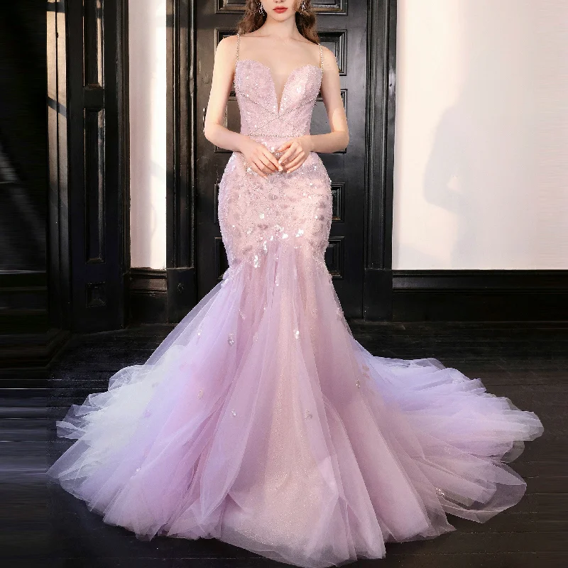 Pink Trumpet Evening Dress Party Gown with Spaghetti Strap