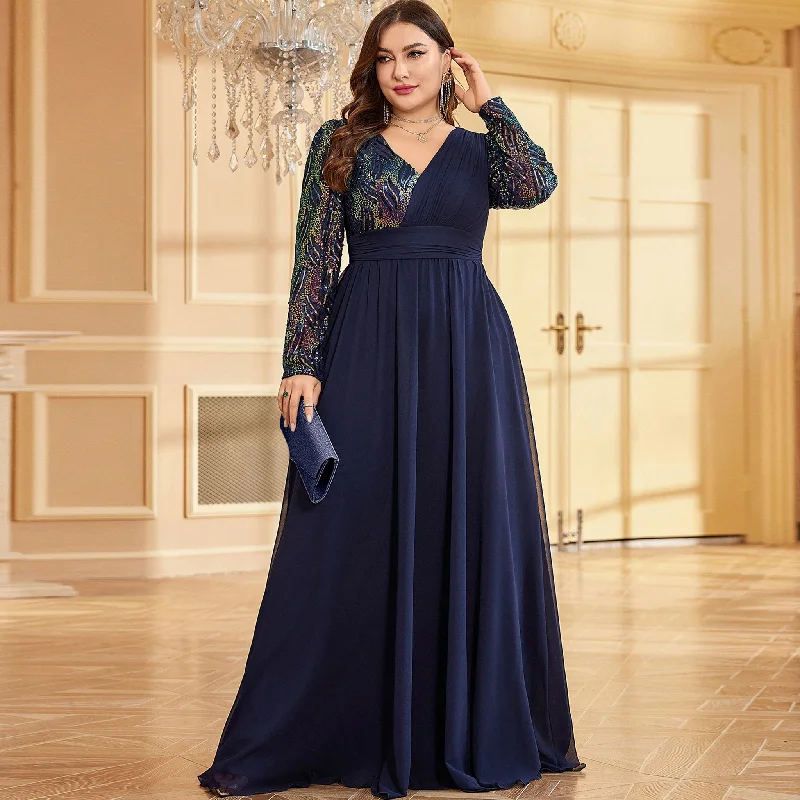 Plus Size Chiffon Long Sleeve Evening Dress Wedding Party Gown