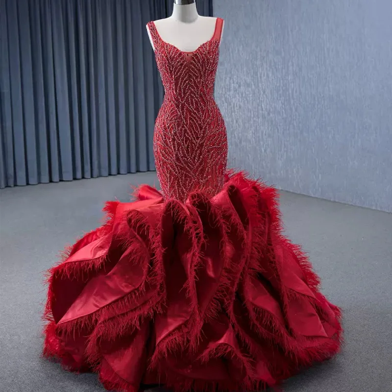 Red Mermaid Beading Evening Dress Feathers Ruffles Party Dress