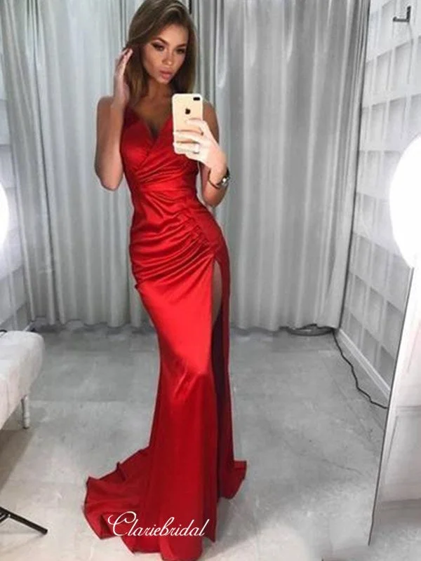 Simple Long Evening Party Dresses, Sexy High Slit Mermaid Prom Dresses