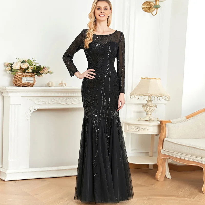 Sparkly Sequins Evening Dress Long Sleeves Wedding Party Maxi Dress