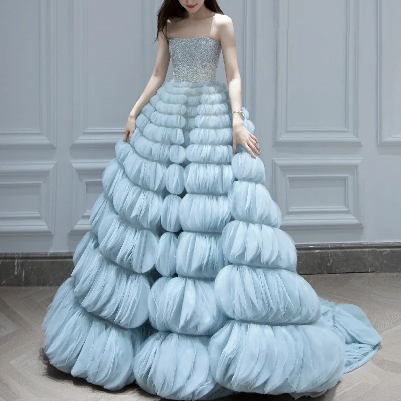 Strapless A-line Light Blue Prom Dresses Party Gown with Puffy Skirt