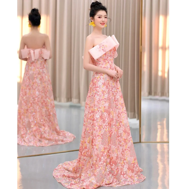 Strapless Pink Floral Formal Evening Dress A-line Prom Dress