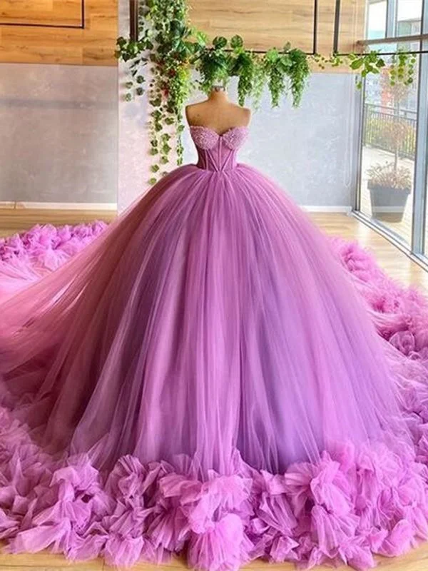 Sweetheart Long Ball Gown Purple Tulle Prom Dresses, Lovely Prom Dresses, Princess Evening Dresses