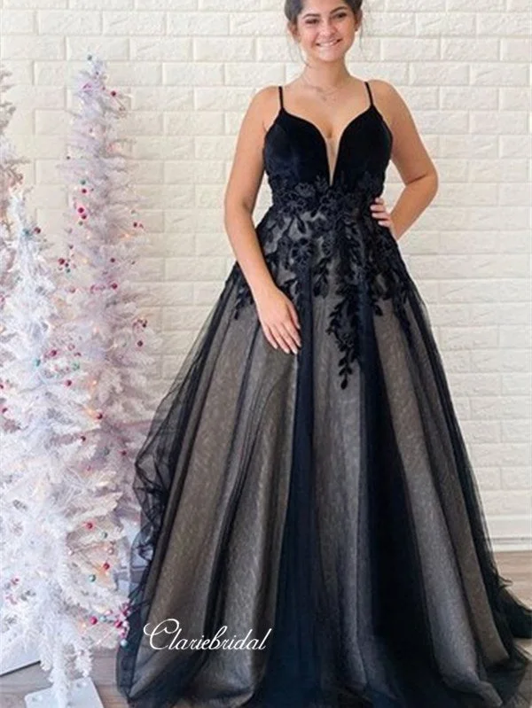 V-neck Lace Long Prom Dresses, Black A-line School Party Prom Dresses