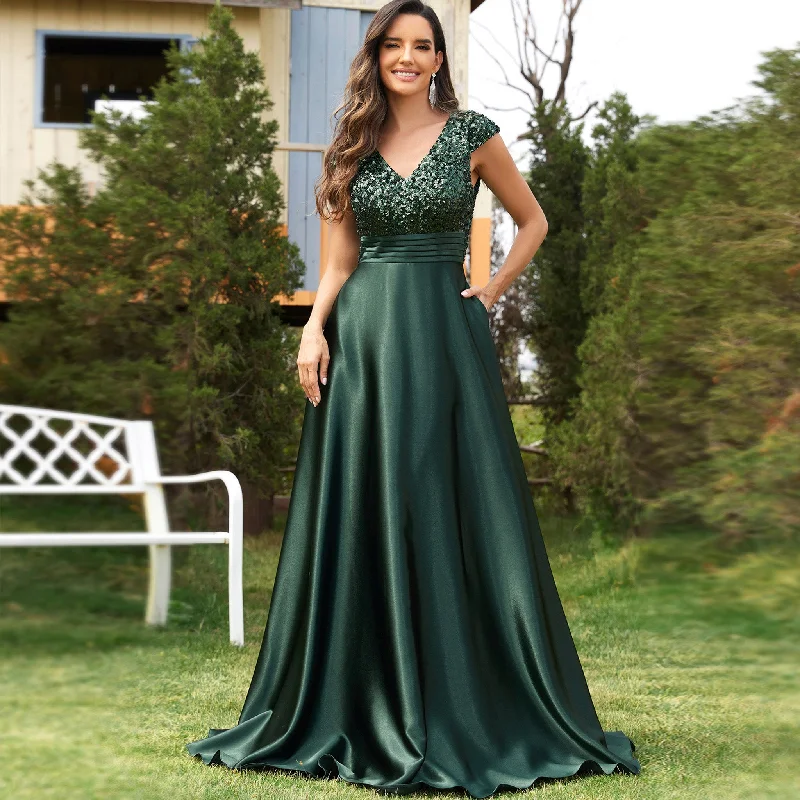 Women's Elegant Sequin Satin Prom Dress Evening Gown with Cap Sleeve