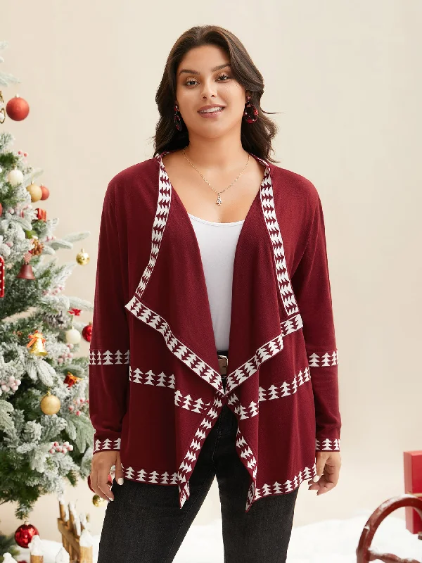 Holiday Pattern Hem Lapel Collar Knit Cardigan