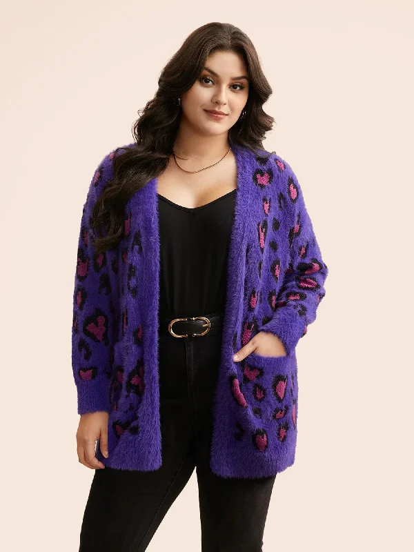 Leopard Print Fluffy Patch Pocket Cardigan