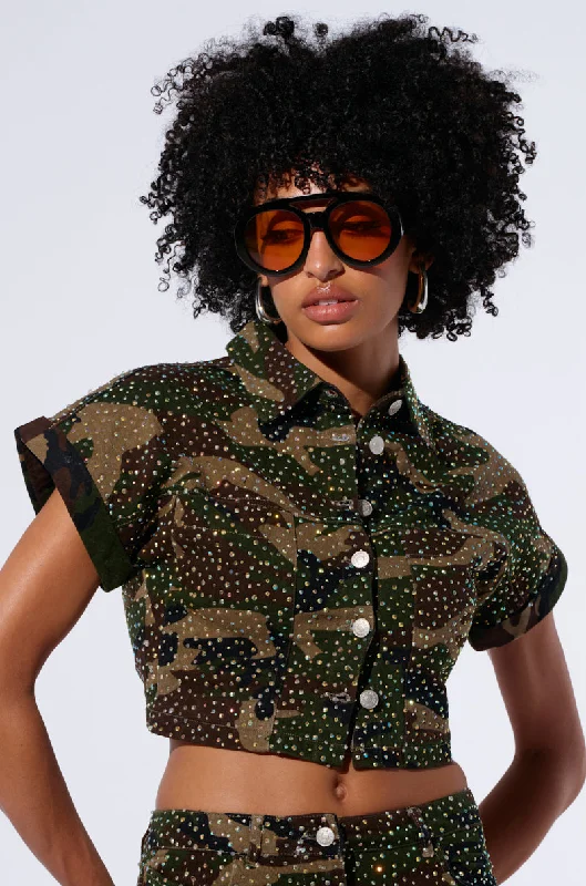 NO MERCY BUTTON DOWN CAMO CROPPED SHIRT