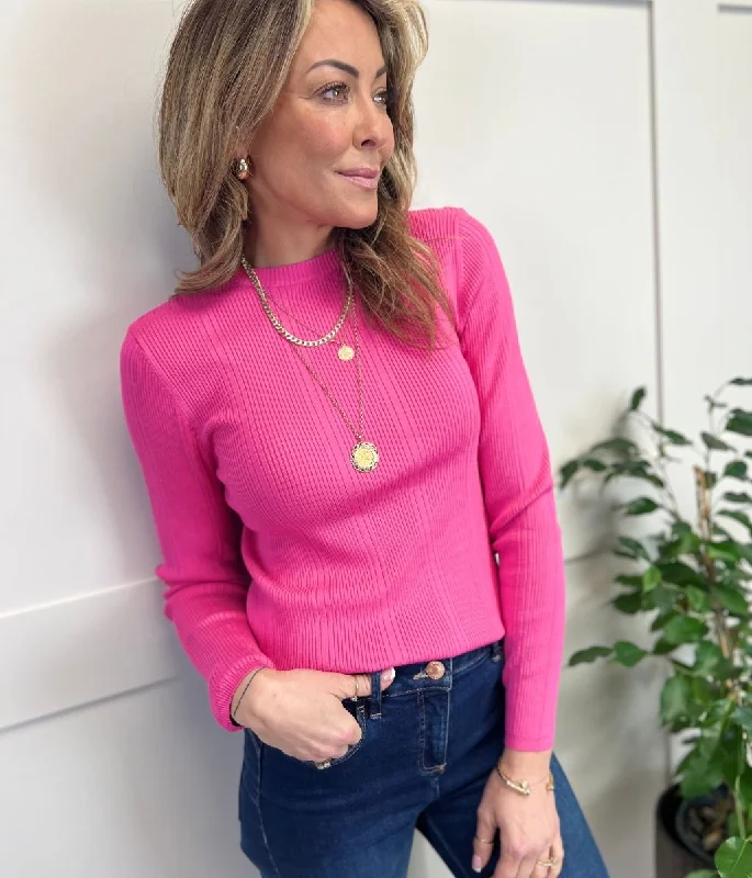 Pink Ribbed Crew Neck Jumper