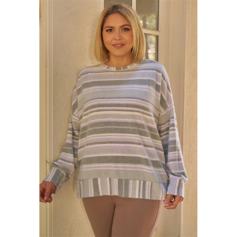 Plus Sage & Lavender Stripped Super Soft Sweatshirt