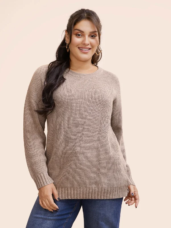 Solid Round Neck Drop Shoulder Pullover